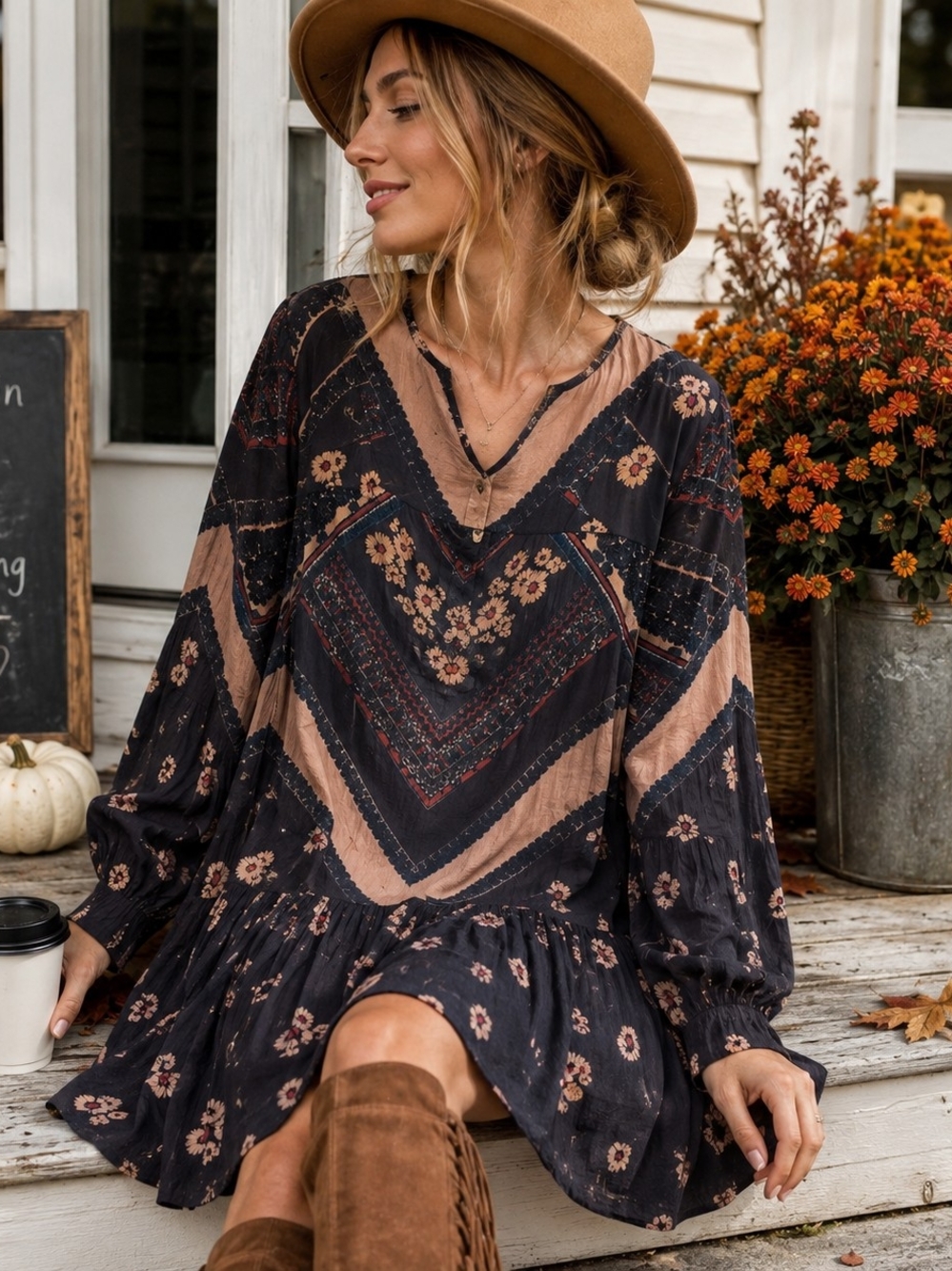Boho Floral V-Neck Long-Sleeve Tunic Dress in Black and Brown
